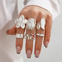 Flower Metal Golden & Silver Design Finger Ring ( 6 Pcs )